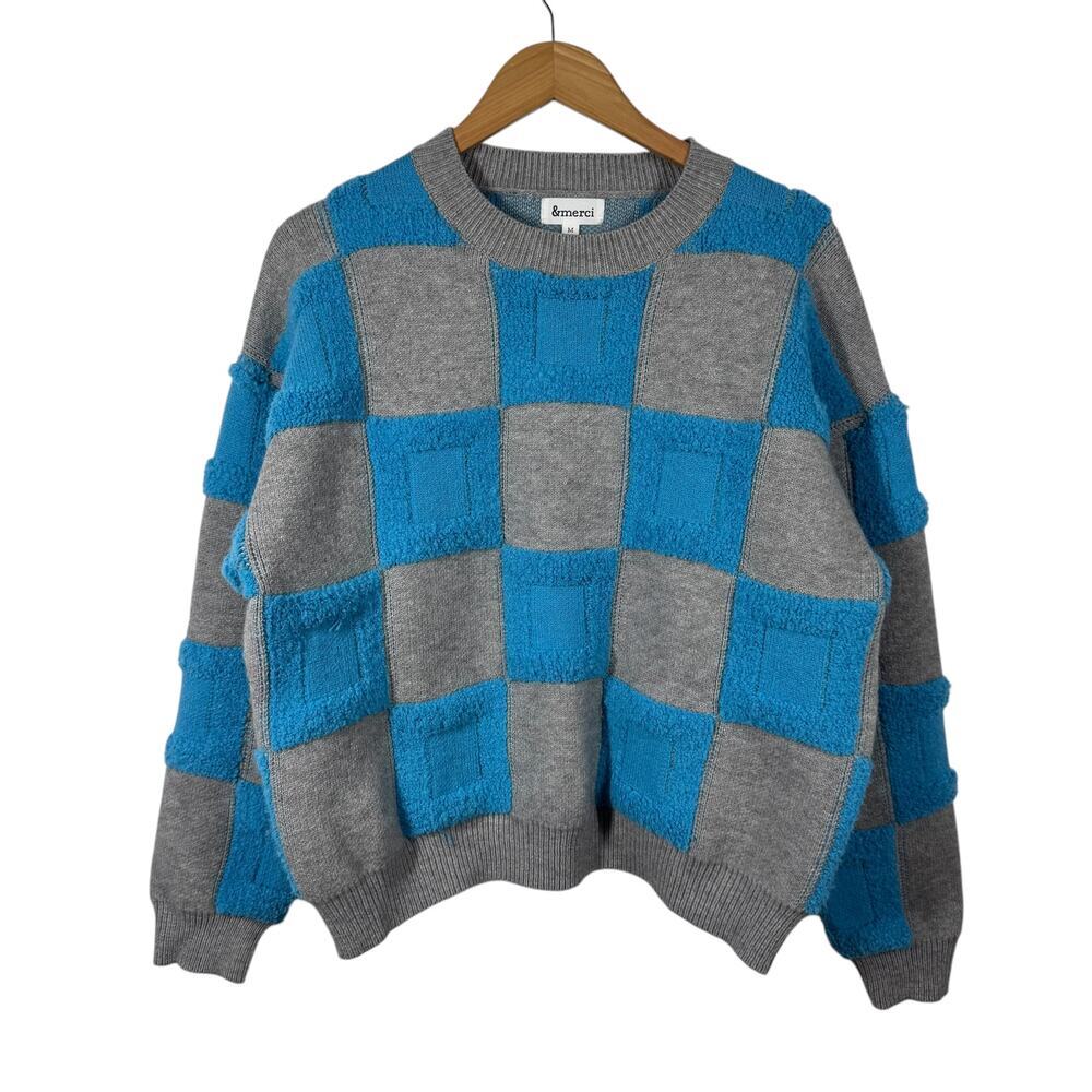 &merci Sweater Women M Blue & Grey Textured Checkered Sweater Chunky Boxy‎ Geo